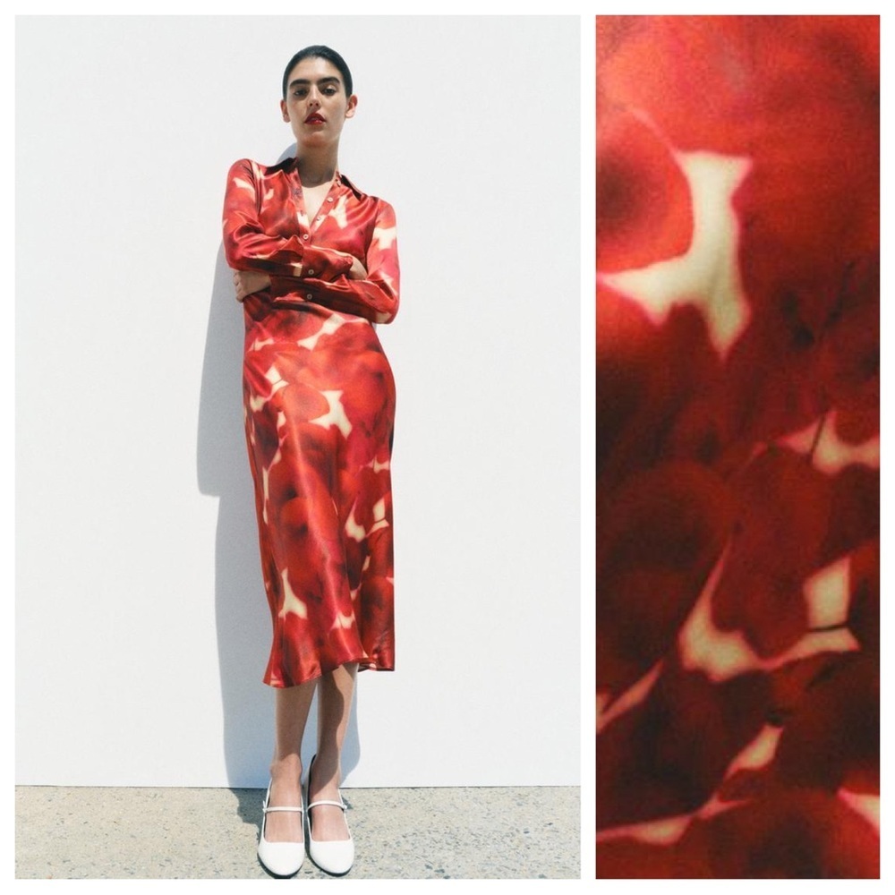 Zara Red Floral-Print Satin Midi Dress